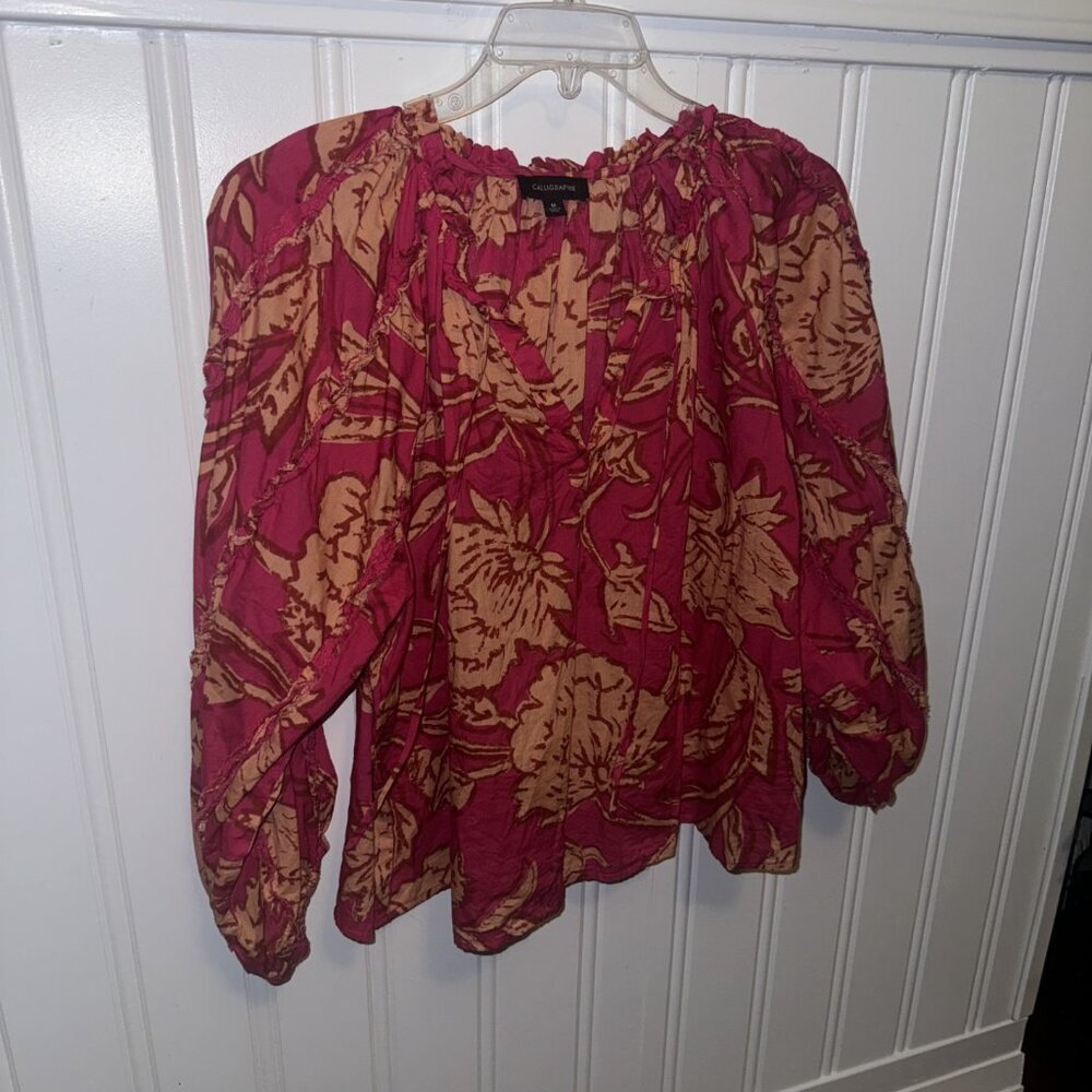 Pink & Orange Floral Blouse by Calligraphie - Size Medium - Picture 2 of 7